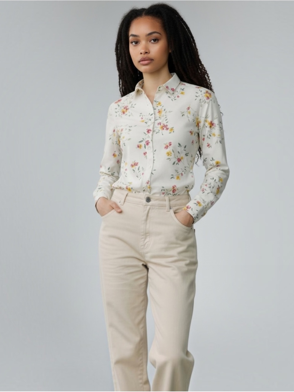 Lands' End Floral Button-Up Blouse in Cream with Pink & Yellow Flowers